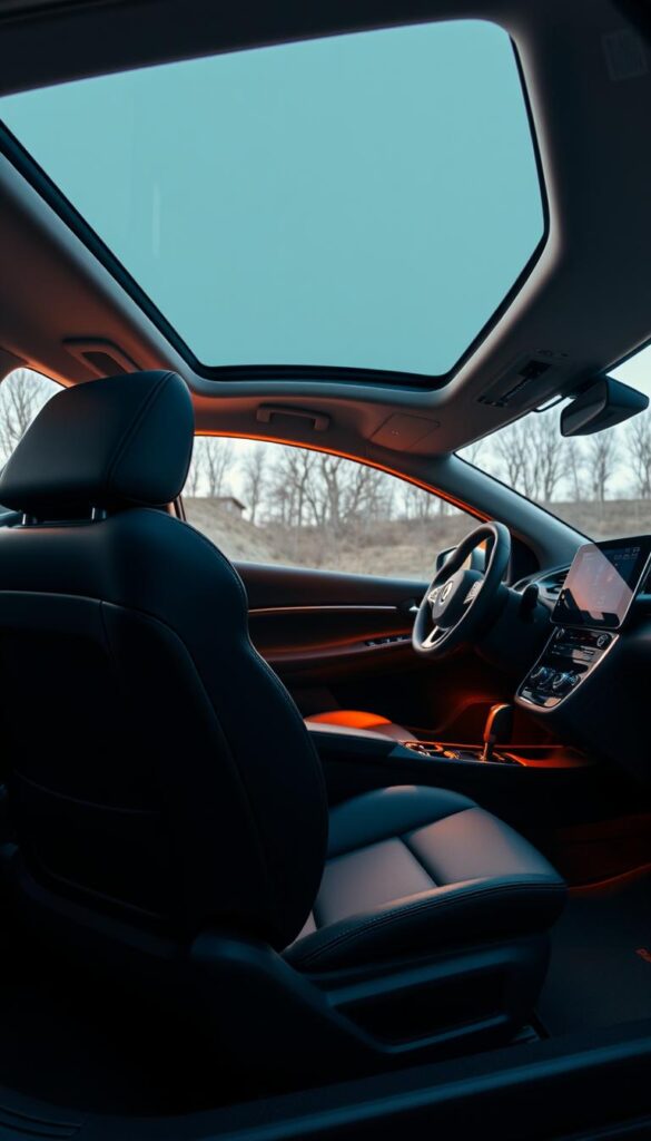 Renault Zoe interior, showcasing its exceptional comfort and spaciousness. Soft, supple leather seats with lumbar support, bathed in warm, ambient lighting. The dashboard features sleek, modern design elements and a large, high-resolution touchscreen display. The steering wheel is ergonomic, with intuitive controls. A panoramic glass roof floods the cabin with natural light, creating an airy, inviting atmosphere. The overall impression is of a refined, comfortable, and technology-rich electric city car. IsCarOk