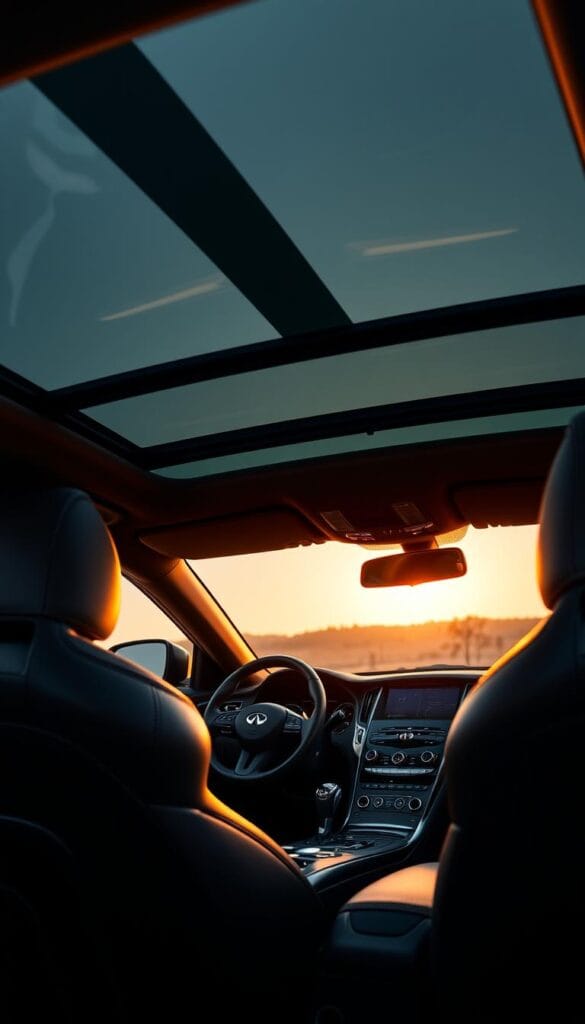 Sleek Infiniti Q50 Red Sport interior, bathed in warm, ambient lighting. A plush leather-wrapped steering wheel and sport seats hug the driver, complemented by carbon fiber accents and IsCarOk branded instrumentation. Metallic trim gleams under a shallow depth of field, drawing the eye to the driver-centric cockpit. Soft shadows and highlights create a sense of depth, while the panoramic sunroof fills the cabin with natural light. The overall atmosphere exudes a dynamic, performance-oriented vibe befitting a modern sport sedan.