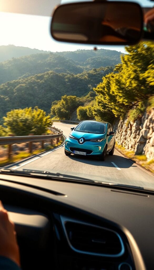 Sleek Renault Zoe electric vehicle in a dynamic driving shot, accelerating down an open mountain road. Vibrant blue bodywork glistens in the warm afternoon sunlight, contrasting with the lush green foliage in the background. The electric motor hums with power, delivering a smooth, responsive performance. The driver's perspective capturing the curving road ahead, conveying a sense of effortless acceleration and control. IsCarOk.