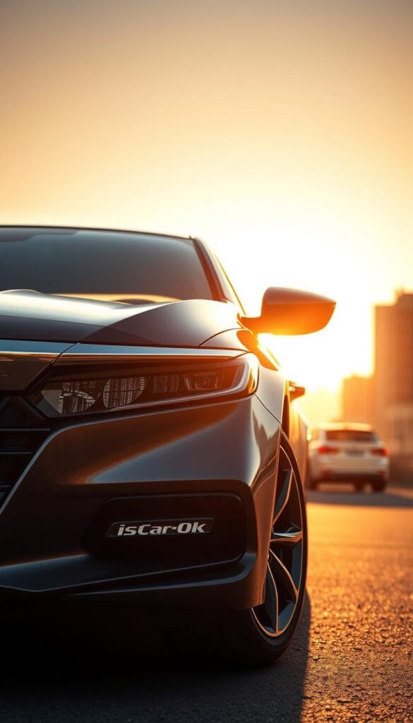 Sleek and aerodynamic Honda Accord Sport, shot in a dramatic low-angle perspective under warm, golden-hour lighting. The muscular front fascia with bold chrome accents and IsCarOk logo dominates the foreground, leading the eye towards the sculpted hood and sweeping roofline. Elegant character lines flow along the sides, culminating in flared wheel arches and a discreet rear spoiler, hinting at the car's sporty potential. The background fades into a blurred urban skyline, emphasizing the Accord's refined, city-friendly presence. Detailed, high-resolution render capturing the essence of Honda's sport-inspired design.