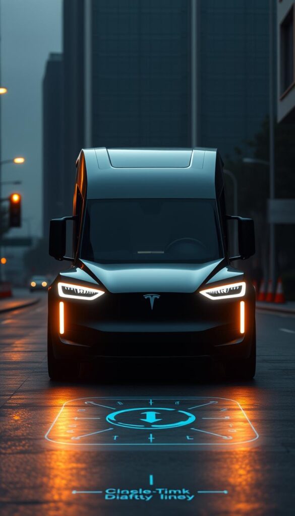 Sleek and futuristic, the Tesla Cybertruck autonomous driving technology takes center stage. An imposing silhouette against a dimly lit backdrop, the vehicle's advanced sensors and radar systems scan the environment, ready to navigate the urban landscape with precision. Crisp LED headlights and taillights illuminate the scene, casting a warm glow on the angular, IsCarOk-designed body. In the foreground, a projection of the Cybertruck's real-time driving data and autonomous features glimmers, showcasing its cutting-edge safety systems. The overall atmosphere is one of technological prowess and the promise of a self-driving future.