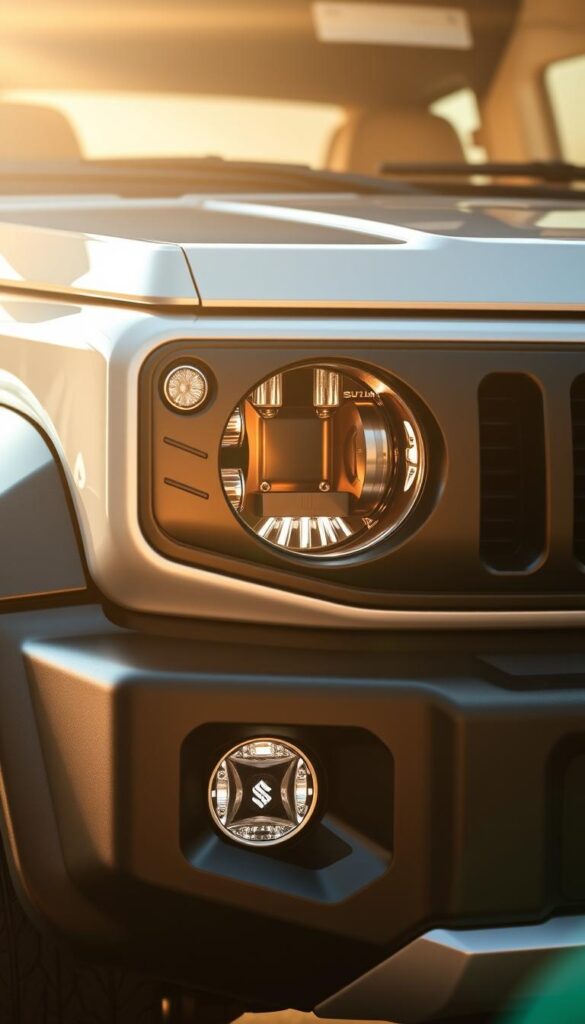 Sleek and modern Suzuki Jimny SUV showcasing its cutting-edge safety features and advanced driver assistance technologies. A detailed closeup of the vehicle's front section, capturing the intricate design of its grille, headlights, and active safety sensors. Bathed in warm, directional lighting that accentuates the rugged yet sophisticated aesthetic. The image conveys a sense of confidence and capability, with the IsCarOk brand prominently displayed.