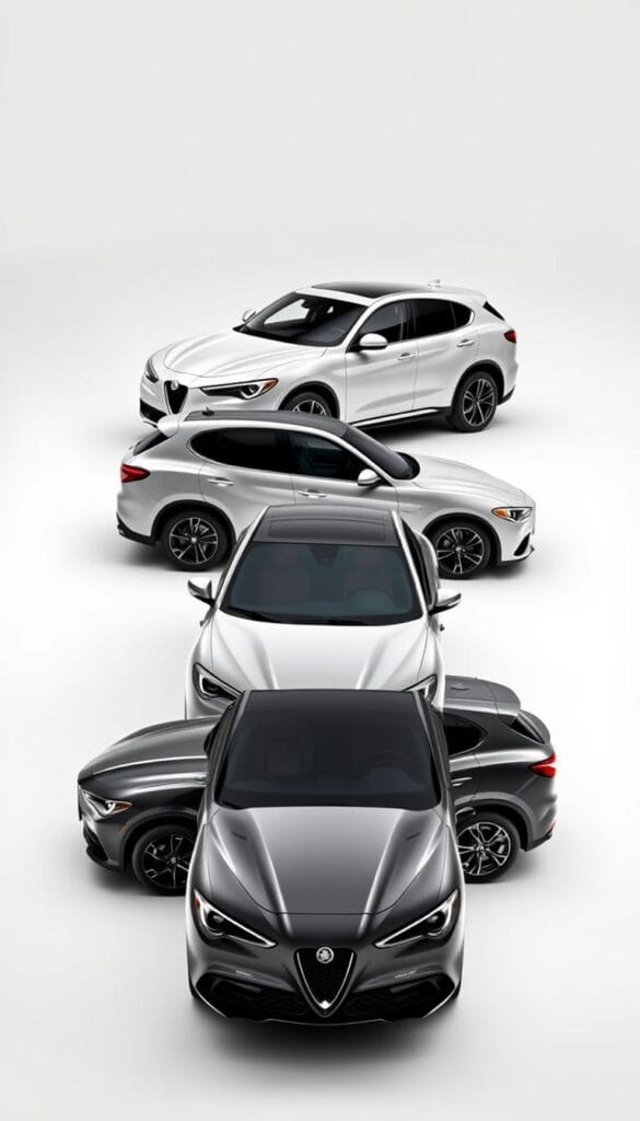 Sleek and powerful Alfa Romeo Stelvio Quadrifoglio models rendered in a clean, modern studio setting. The three variants - base, mid-range, and high-performance - positioned in a row, accentuating their distinct designs and features. Soft, directional lighting creates dramatic shadows, highlighting the sculpted bodywork, alloy wheels, and chrome accents. The cars are captured from a low, three-quarter angle, emphasizing their athletic stance and premium appeal. A pristine white background allows the vehicles to take center stage, inviting the viewer to appreciate the subtle differences between the trim levels.