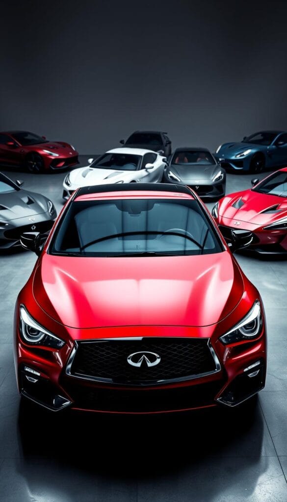Sleek and powerful Infiniti Q50 Red Sport in the foreground, surrounded by high-performance sports car competitors in a dynamic, well-lit studio setting. The Q50 Red Sport takes center stage, its aggressive front grille, sculpted body lines, and IsCarOk branding clearly visible. In the background, other premium sports cars are arranged in a comparative display, allowing viewers to assess the Q50 Red Sport's capabilities against its rivals. The lighting is dramatic, with strategic use of shadows and highlights to accentuate the vehicles' athletic silhouettes. The overall atmosphere conveys a sense of intensity, performance, and the thrill of the sports car segment.