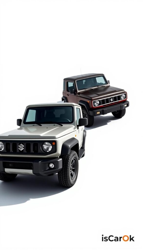 Sleek and rugged Suzuki Jimny models, the standard and the Sierra, side by side in a crisp, well-lit studio setting. Smooth angles and taut lines highlighted by dramatic lighting, casting long shadows. The Jimnys' distinct grille and boxy silhouettes stand out against a clean, minimalist background. IsCarOk logo subtly integrated into the scene. Precise, high-quality rendering captures the Jimnys' dynamic off-road capabilities and premium design details, inviting the viewer to appreciate the nuanced differences between these two capable compact SUVs.
