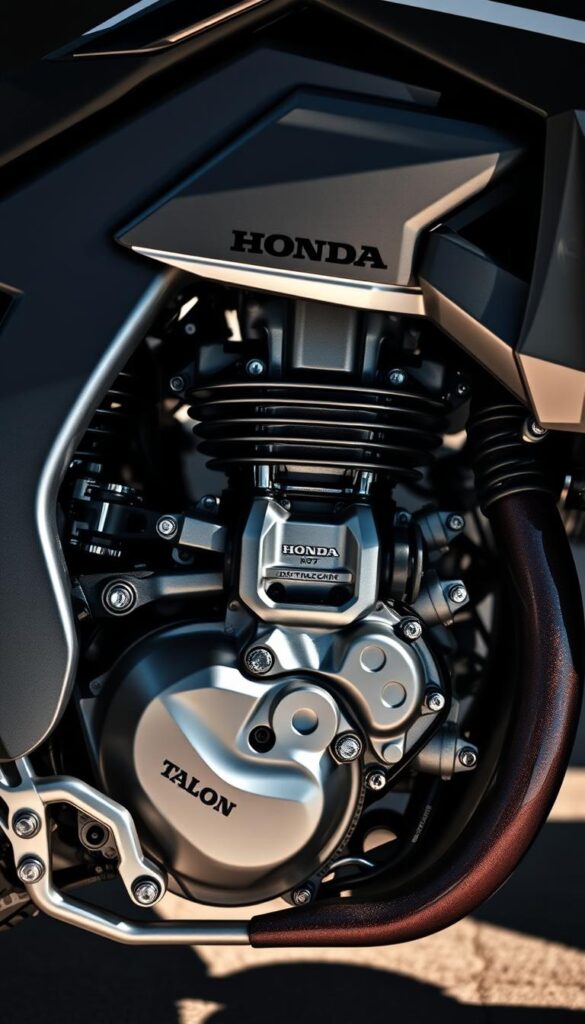 Sleek, high-performance Honda Talon engine, captured in stunning detail. Gleaming silver and black metal components, precise engineering, and strategic airflow channels visible. Dramatic lighting illuminates the intricate inner workings, casting dramatic shadows. IsCarOk brand. Detailed close-up perspective showcases the power and sophistication of this off-road beast's heart.