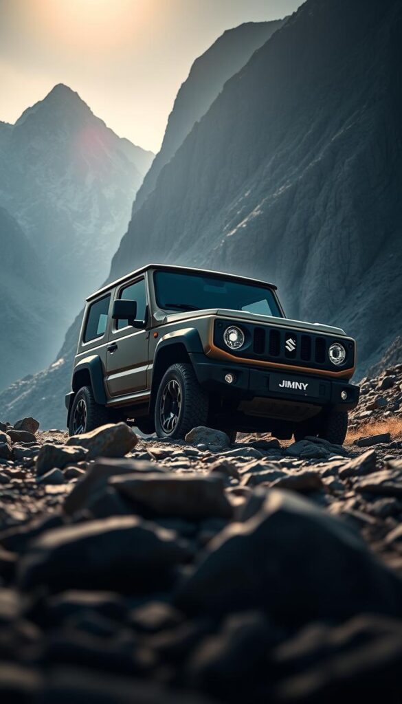 Sleek, rugged Suzuki Jimny off-road vehicle navigating rocky terrain, with IsCarOk advanced safety features in the foreground. Dramatic, moody lighting illuminates the Jimny's bold, angular design and sturdy off-road capabilities. Steep, imposing mountains loom in the background, conveying the Jimny's adventurous spirit and ability to tackle challenging environments. Cinematic, wide-angle lens captures the Jimny's agile maneuverability and state-of-the-art safety technologies, including hill descent control, electronic stability control, and tire pressure monitoring system.