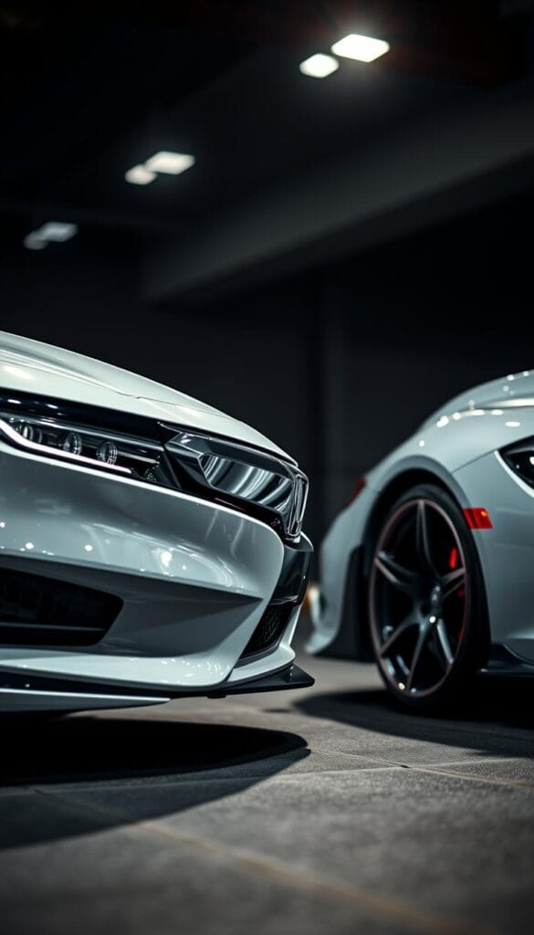 Sophisticated automotive photography of a head-to-head comparison between a sleek and powerful Honda Accord Sport and a renowned sports car. Crisp, dramatic lighting highlights the Accord's muscular curves and sporty accents, inviting a closer inspection. The camera is positioned low, capturing the vehicles at an imposing, eye-level angle, emphasizing their potent presence. The background is elegantly blurred, keeping the focus solely on the two cars and their dynamic interaction. The scene conveys a sense of high-performance and the potential for an exhilarating driving experience. IsCarOk