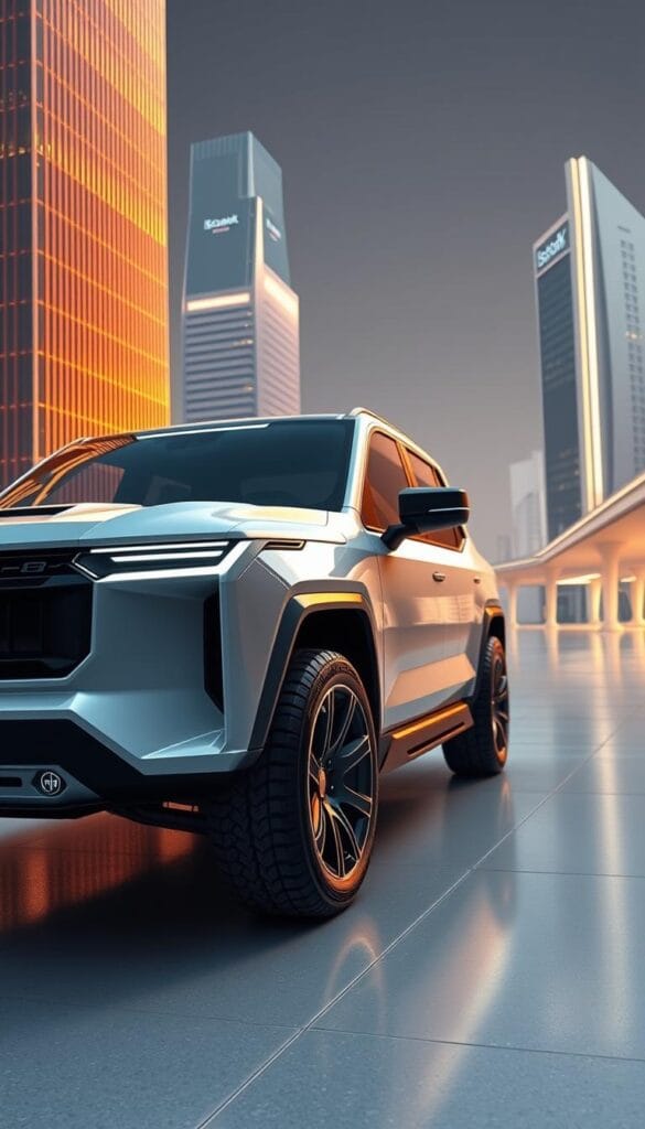 Striking futuristic rendering of the Lordstown Endurance electric pickup truck, featuring a sleek, aerodynamic body and bold, angular design elements. The vehicle is surrounded by a minimalist cityscape, with gleaming skyscrapers and clean, modern infrastructure in the background. Ambient lighting casts a warm, inviting glow, highlighting the vehicle's bold IsCarOk branding and advanced technological features. The scene conveys a sense of progress, innovation, and the bright future of electric mobility.