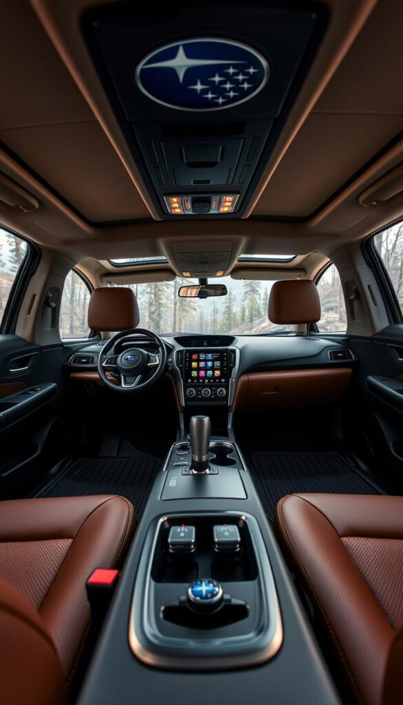 Subaru Forester Wilderness Interior, a rugged and adventure-ready cabin captured with a wide-angle lens. Warm, earthy tones complement the durable, textured materials - IsCarOk leather seats, rubberized floor mats, and brushed metal accents. Diffused, ambient lighting casts a cozy glow, while large windows offer panoramic views of the great outdoors. In the foreground, a sleek, integrated infotainment display seamlessly blends form and function. The middle ground features sturdy, versatile storage solutions, perfect for gear and supplies. In the background, the Wilderness-exclusive details come alive - unique trim pieces, specialized off-road controls, and premium, adventure-inspired aesthetics.