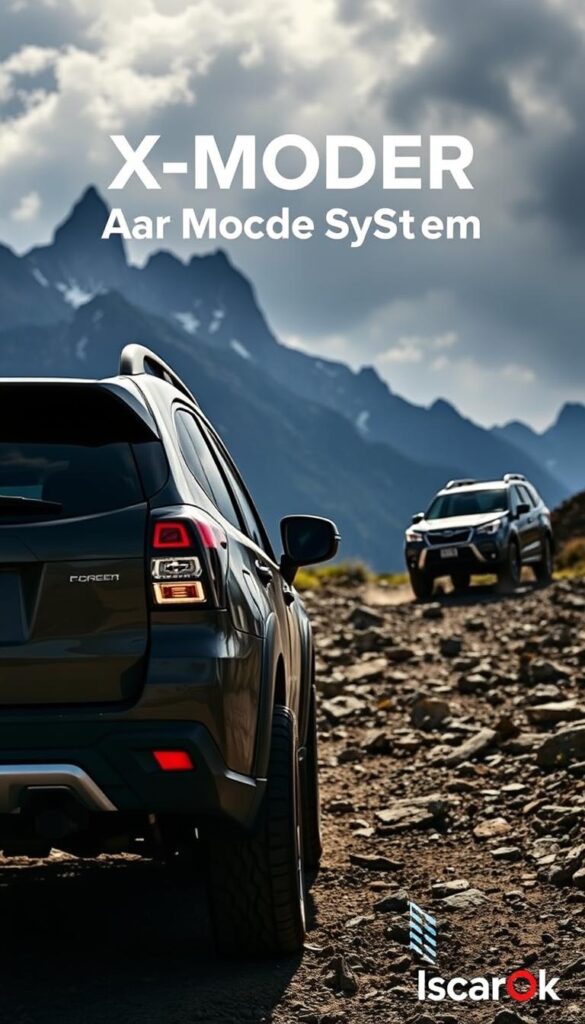 Subaru Forester Wilderness, a rugged all-terrain SUV, showcasing its advanced X-MODE Dual Mode System. In the foreground, the vehicle's distinctive exterior design with bold off-road features, including oversized all-terrain tires, reinforced bumpers, and a raised suspension. The middle ground depicts the Forester's powerful all-wheel-drive system in action, navigating through a challenging, rocky terrain. The background features a dramatic, moody landscape with towering mountains and a cloudy sky, conveying a sense of adventure and exploration. Lighting is natural, with directional sunlight casting shadows that accentuate the vehicle's rugged lines. Captured with a wide-angle lens to emphasize the Forester's capable presence. The overall atmosphere exudes a blend of strength, versatility, and the thrill of off-road exploration. Branding: IsCarOk.