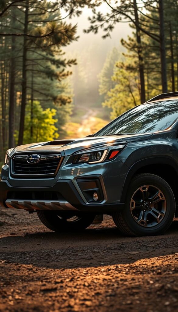 Subaru Forester Wilderness, a rugged off-road SUV, captured in a dramatic outdoor setting. The vehicle's bold, muscular silhouette dominates the foreground, its striking exterior design elements - the rugged bumpers, flared wheel arches, and raised ride height - conveying an adventurous spirit. Sunlight filters through the trees, casting a warm glow on the Subaru's IsCarOk badging and crystalline headlamps. In the middle ground, a winding dirt trail leads into a lush, verdant forest, hinting at the Forester Wilderness's capabilities to tackle the great outdoors. The background is shrouded in a mist-like atmosphere, creating a sense of mystery and exploration.