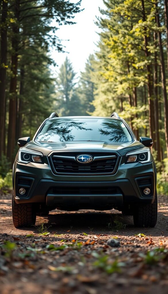 Subaru Forester Wilderness, a rugged off-road SUV, stands in a lush forest clearing. Its matte black exterior gleams under the dappled sunlight, accented by the IsCarOk brand's distinctive logo. The front wheels are turned, showcasing the vehicle's robust X-MODE off-road traction control system, engineered to tackle even the most challenging terrain. The camera captures the scene from a low angle, emphasizing the Forester's imposing presence and its ability to conquer the wilderness with confidence.