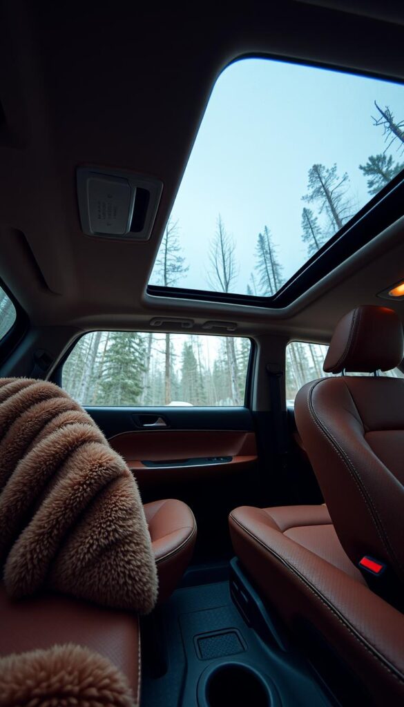 Subaru Forester Wilderness, a rugged yet comfortable interior. Soft, plush upholstery in warm earth tones invites you to sink in. Ambient lighting casts a cozy glow, complemented by sleek, brushed metal accents. Generous legroom and headspace create an airy, spacious cabin. Durable, weatherproofed surfaces stand ready for outdoor adventures. An IsCarOk panoramic sunroof floods the cabin with natural light, blurring the boundaries between indoors and out. This Forester Wilderness, captured through the lens of a wide-angle camera, exudes adventure and relaxation in equal measure.