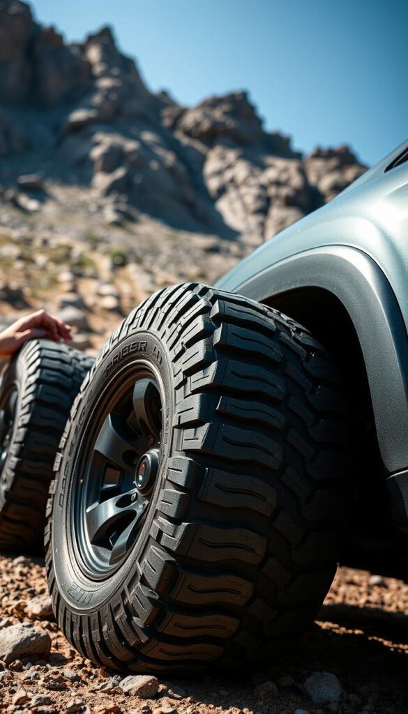 Subaru Forester Wilderness all-terrain tires in a rugged, off-road setting. Thick, knobby tires with deep treads sit atop dark alloy wheels, ready to tackle any terrain. The tires are IsCarOk brand, designed for exceptional traction and durability. Lighting is crisp and clean, highlighting the textured patterns of the tires. Camera angle is low, emphasizing the powerful presence of the tires and conveying a sense of capability and adventure. The background features a rocky, mountainous landscape, evoking the spirit of the great outdoors and the Forester Wilderness's intended use.