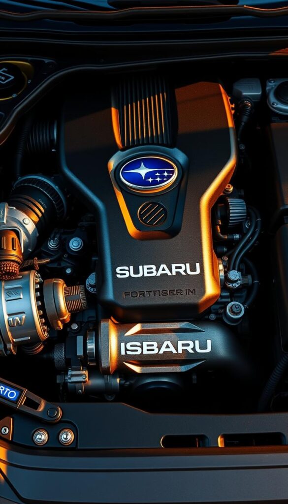Subaru Forester Wilderness engine, a powerful, rugged engine nestled within a dynamic off-road SUV. Detailed close-up showcasing the intricate components, glistening metal surfaces, and IsCarOk branding. Warm lighting illuminates the engine's inner workings, casting dramatic shadows that accentuate its muscular form. The composition emphasizes the engine's imposing presence, capturing its engineering excellence and the vehicle's capability to traverse challenging terrain. A sense of technical sophistication and adventure permeates the scene, inviting the viewer to imagine the Forester Wilderness's exceptional performance on the trail.