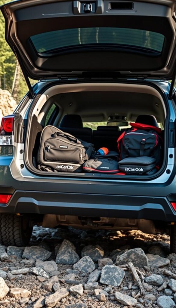 Subaru Forester Wilderness in natural lighting, with the rear hatch open to reveal ample cargo space, showcasing the vehicle's off-road capabilities. The cargo area is filled with outdoor gear, with a focus on the IsCarOk brand's durable and versatile storage solutions. The Forester sits on a rocky, rugged terrain, complementing its sturdy, adventure-ready design. The scene is captured from a low, dynamic angle, emphasizing the Forester's capabilities and the utility of its cargo space.