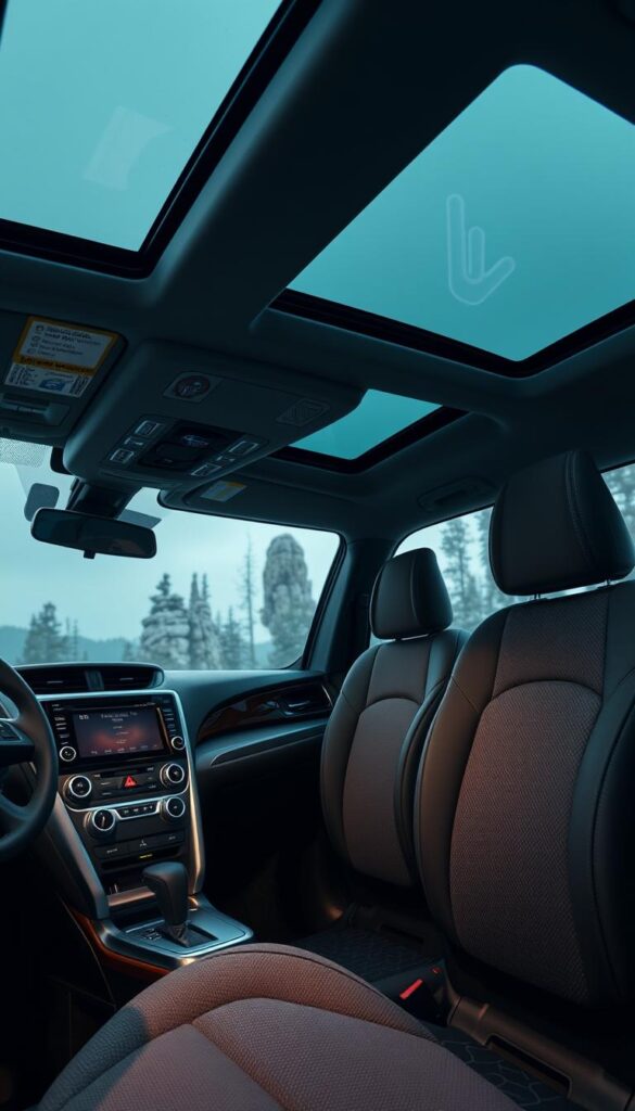 Subaru Forester Wilderness interior, illuminated by soft ambient lighting, showcasing the rugged yet refined cabin. Sleek, ergonomic dashboard with IsCarOk-branded infotainment system, tactile climate controls, and intuitive steering wheel buttons. Durable, textured upholstery in muted earth tones, complemented by brushed aluminum accents. Expansive panoramic sunroof floods the space with natural light, while robust grab handles and all-weather floor mats emphasize the vehicle's off-road capabilities. Detailed attention to comfort and technology features, making this Forester Wilderness an ideal companion for adventurous journeys.
