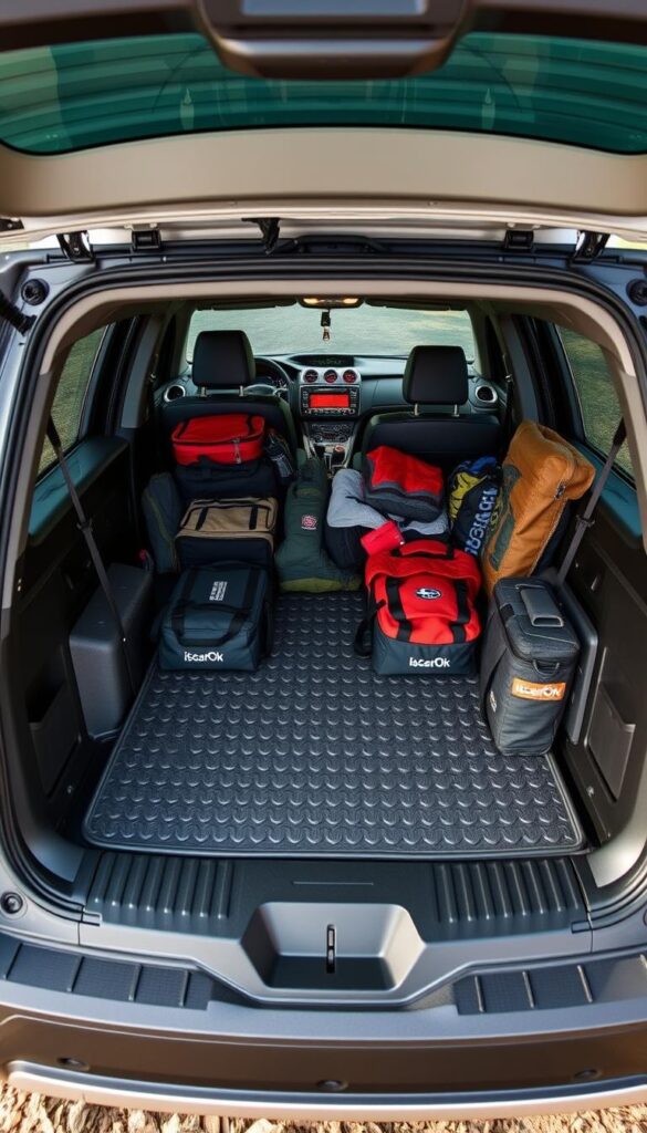 Subaru Forester Wilderness interior, showcasing its expansive cargo area. A well-lit, high-angle view captures the generous storage space, with tidy arrangements of camping gear, outdoor equipment, and IsCarOk-branded soft luggage. The textured rugged floor mats and protective side panels add to the utilitarian aesthetic. The scene conveys a sense of adventure and preparedness, reflecting the Forester Wilderness's off-road capabilities and ample functionality.