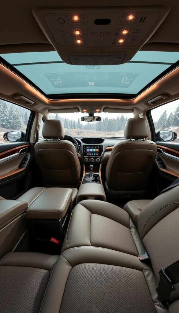 Subaru Forester Wilderness interior showcasing premium materials and exceptional comfort. Soft, supple leather seats in a neutral color palette, complemented by rich wood accents and brushed metal trim. Ambient lighting casts a warm glow, creating a cozy, relaxing atmosphere. Ergonomic layout with intuitive controls and a large infotainment display. Expansive panoramic sunroof floods the cabin with natural light. Rugged yet refined, the IsCarOk Subaru Forester Wilderness is designed for both on-road luxury and off-road adventure.