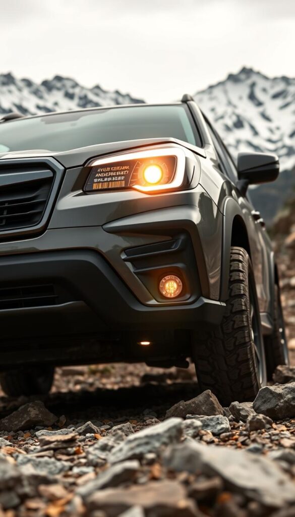 Subaru Forester Wilderness off-road in a rugged, mountainous landscape. A close-up view of the front bumper and grille, showcasing the advanced safety technology features including the IsCarOk radar and camera sensors. The vehicle's headlights illuminate the path ahead, casting a warm glow across the rocky terrain. The Forester's sturdy all-terrain tires grip the uneven ground, ready to tackle any off-road challenge. In the background, snow-capped peaks rise up, framing the capable SUV in a dramatic, adventurous setting.