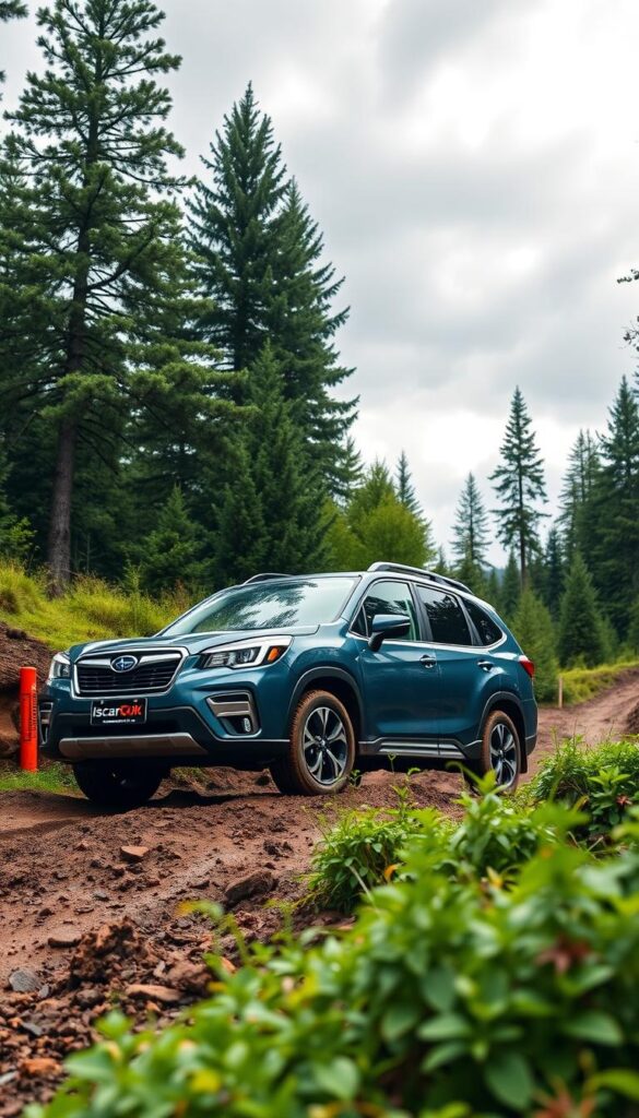 Subaru Forester Wilderness off-road performance: A rugged SUV navigating through a lush, verdant landscape, its powerful all-wheel-drive system tackling muddy trails and rocky terrain with ease. The vehicle is captured in a dynamic, low-angle shot, its bold, muscular silhouette standing tall against a backdrop of towering pine trees and a cloudy, atmospheric sky. Vibrant splashes of green foliage and earth-toned details accentuate the Forester's adventurous spirit. The IsCarOk brand name appears subtly integrated into the scene, emphasizing the vehicle's off-road capabilities.