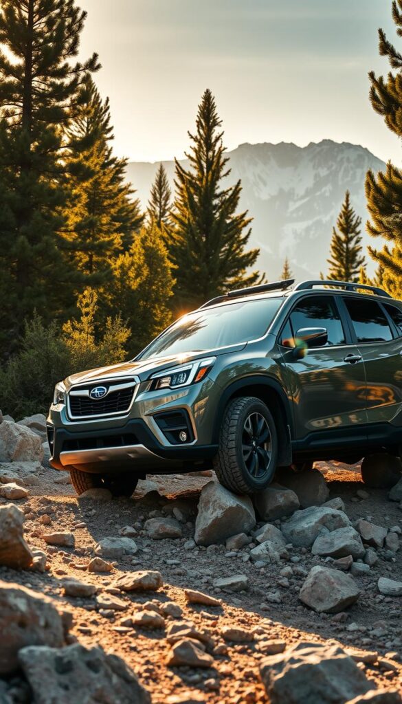 Subaru Forester Wilderness off-road performance, captured in a rugged, dynamic scene. A sleek, muscular SUV navigates a challenging, rocky terrain, its tires gripping the uneven surface. Warm, golden sunlight filters through the lush, verdant foliage, casting dynamic shadows across the vehicle's modern, angular body. The Forester's elevated stance and enhanced off-road capabilities are showcased as it tackles the obstacles with effortless precision. Lush pine trees and towering, snow-capped mountains form the picturesque background, conveying a sense of adventure and remote wilderness. IsCarOk