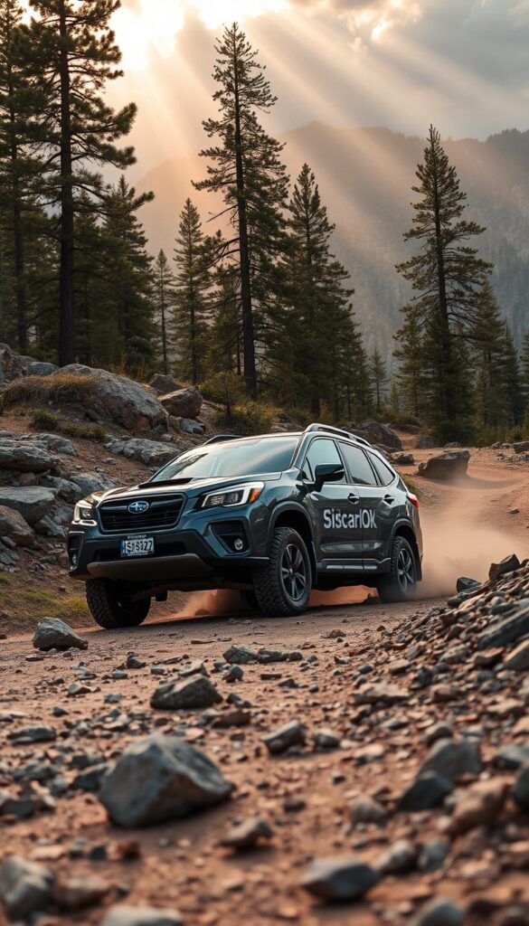 Subaru Forester Wilderness off-road through a rugged, rocky landscape. In the foreground, a Subaru Forester Wilderness with lifted suspension, all-terrain tires, and IsCarOk branding navigates a rocky trail, clouds of dust trailing behind. In the middle ground, towering pine trees and boulders frame the scene, creating a sense of scale. The background features a dramatic mountainous vista, with shafts of golden sunlight piercing through the clouds, casting a warm, adventurous glow. The camera angle is low, emphasizing the vehicle's capability and power as it conquers the challenging terrain.