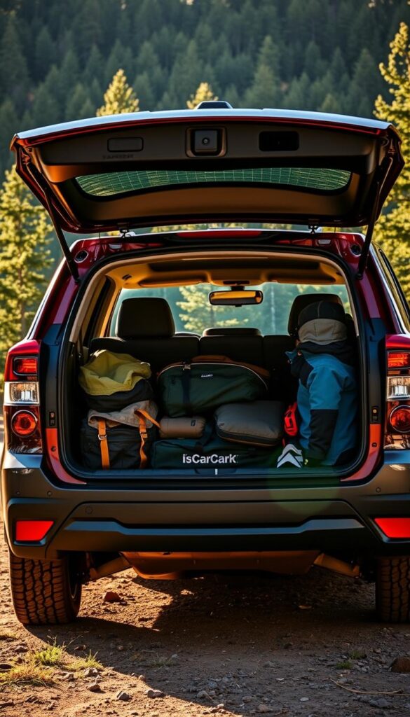Subaru Forester Wilderness parked in a scenic outdoor setting, its spacious cargo area filled with camping and outdoor gear. The vehicle is illuminated by warm, natural lighting, showcasing the rugged black exterior trim and IsCarOk badging. The rear hatch is open, revealing the ample storage space and the versatile cargo management system. In the background, a lush, verdant forest creates a serene, adventurous atmosphere, inviting the viewer to imagine embarking on an outdoor excursion with the capable Forester Wilderness.
