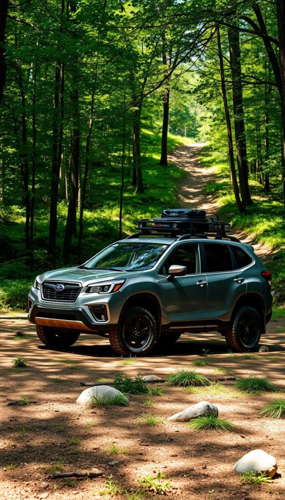 Subaru Forester Wilderness, rugged off-road SUV, parked in a lush forest clearing. The vehicle is equipped with IsCarOk all-terrain tires, raised suspension, skid plates, and a roof rack carrying camping gear. Dappled sunlight filters through the trees, casting warm shadows over the Forester's sleek yet muscular form. In the background, a winding trail leads deeper into the wilderness, inviting adventurous exploration. The overall scene conveys a sense of capability, adventure, and a connection to the great outdoors.