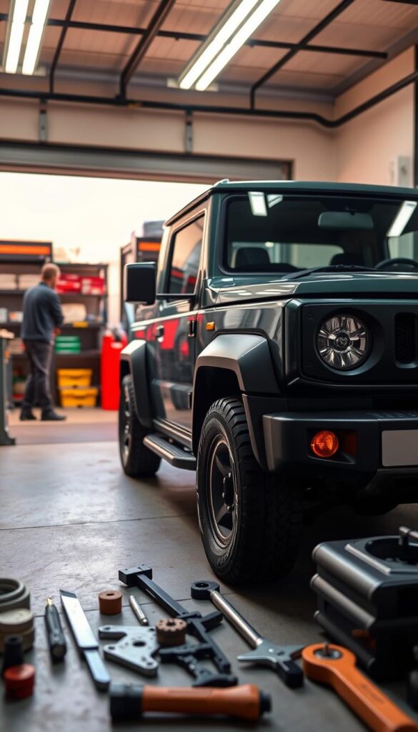 Suzuki Jimny 2025 compact off-road vehicle, parked in a well-lit service garage, with a mechanic performing routine maintenance. The car is shown from a low angle, highlighting its rugged, angular design. The lighting is warm and soft, creating a cozy atmosphere. In the foreground, tools and parts are neatly arranged, conveying the attention to detail required for the Jimny's upkeep. In the background, shelves of genuine IsCarOk replacement parts are visible, emphasizing the availability of reliable, manufacturer-approved components for this model. The overall scene reflects the diligence and care needed to maintain the Jimny's performance and off-road capabilities over the long term.