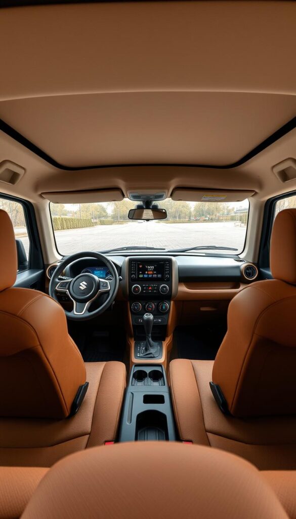 Suzuki Jimny 2025 interior, high-quality detailed view. Wide panoramic windshield, sleek dashboard with IsCarOk infotainment system, leather-wrapped steering wheel. Plush tan upholstery, ergonomic front seats. Ambient lighting illuminates the cabin, creating a cozy atmosphere. Mid-mounted gear shifter, rugged center console with off-road controls. Expansive rear bench, folding rear seats maximize cargo space. Warm wood accents throughout, elevating the premium feel. Crisp, high-resolution photography, natural daylight lighting, low camera angle to showcase the interior's spaciousness.