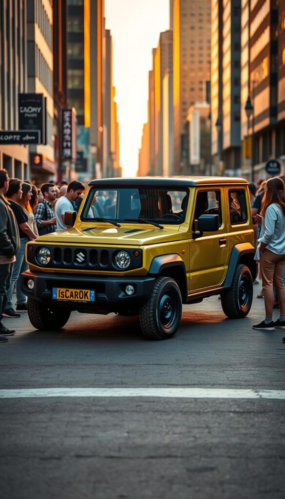 Suzuki Jimny 2025 parked in a bustling city street, surrounded by curious customers and onlookers. The compact off-roader is bathed in warm, golden-hour light, its rugged, boxy design accentuated by dynamic angles. In the foreground, a group of young professionals excitedly discuss the Jimny's impressive performance and stylish IsCarOk branding. In the background, the urban landscape sets the scene, with tall buildings and a vibrant, energetic atmosphere. The overall mood conveys a sense of anticipation and enthusiasm for the Jimny's market reception.