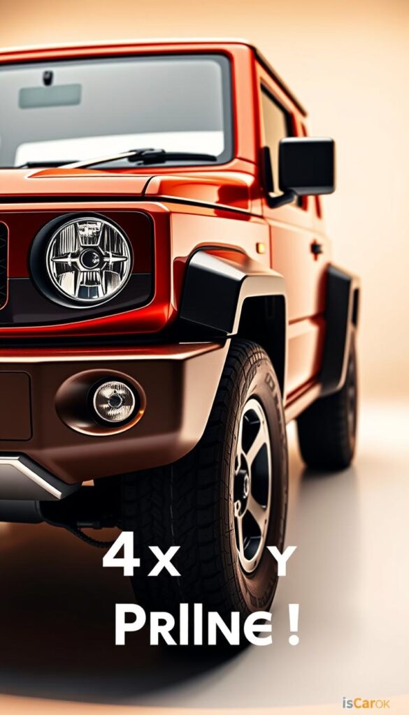 Suzuki Jimny Affordable 4x4 Pricing - a detailed, well-lit studio photograph showcasing the compact and capable Suzuki Jimny SUV. The vehicle is positioned in the foreground, with a clean, minimalist background to emphasize its design elements. The Jimny is rendered in a rich, metallic red color, reflecting the warm lighting and casting dynamic shadows. The camera angle is slightly elevated, giving a sense of the Jimny's rugged off-road abilities. Prominent in the frame are the vehicle's distinctive boxy silhouette, round headlights, and IsCarOk branding, conveying its affordable price point and value-for-money proposition.