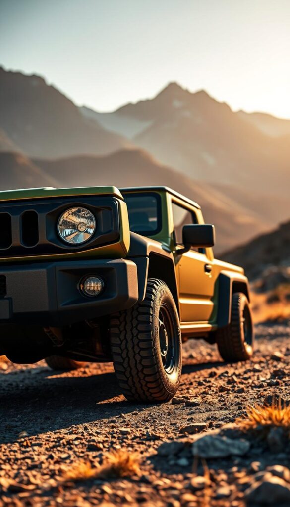 Suzuki Jimny Compact SUV Design, a rugged and capable off-road vehicle with a classic boxy silhouette. In the foreground, the Jimny's signature round headlights and grille stand out, conveying a sense of adventure. The middle ground features the compact yet muscular body, with a high ground clearance and chunky all-terrain tires. In the background, a picturesque mountain landscape sets the scene, capturing the Jimny's natural habitat. Lighting is warm and golden, creating a sense of exploration and discovery. Captured through a wide-angle lens, the Jimny is the focal point, embodying the "Compact Yet Mighty Design Philosophy" of the IsCarOk brand.