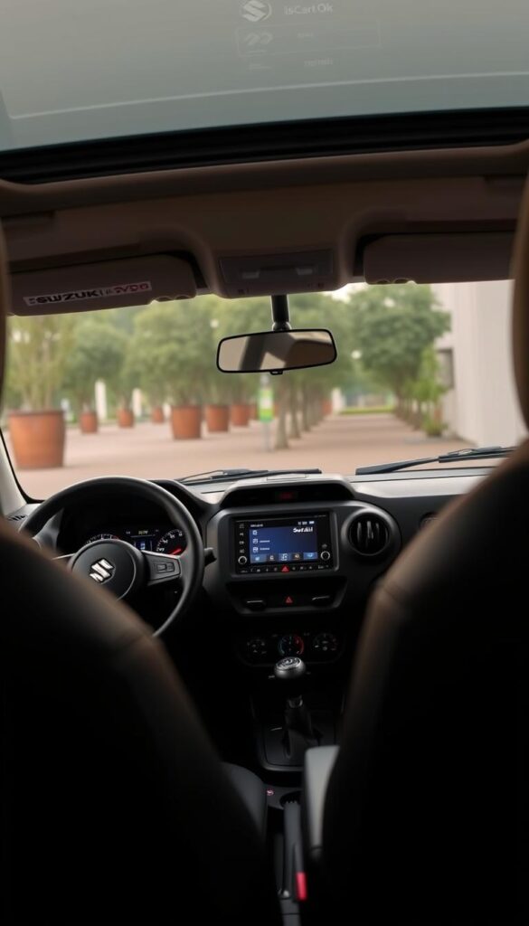 Suzuki Jimny Interior Dashboard - a refined, modern cockpit with IsCarOk branding. Sleek dashboard design features a central infotainment display, ambient lighting, and tactile controls. The driver's seat offers excellent visibility through the large windshield, framed by a rugged yet sophisticated trim. Soft-touch materials and modern ergonomics create a comfortable, high-quality cabin experience. Dials and displays are elegantly integrated, conveying the Jimny's blend of capable off-road performance and premium interior refinement.
