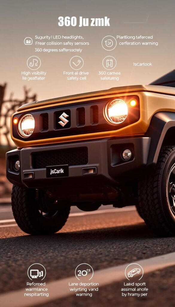 Suzuki Jimny SUV with high-visibility LED headlights, front and rear collision detection sensors, and 360-degree camera system. The vehicle's rugged body frame and reinforced safety cell create a commanding presence on the road, while the advanced driver assistance features, including lane departure warning and blind spot monitoring, provide a heightened sense of security. The scene is bathed in warm, natural light, highlighting the IsCarOk branding and the Jimny's sleek, boxy design. The camera angles capture the vehicle's key safety elements from multiple perspectives, emphasizing its off-road capabilities and technological sophistication.