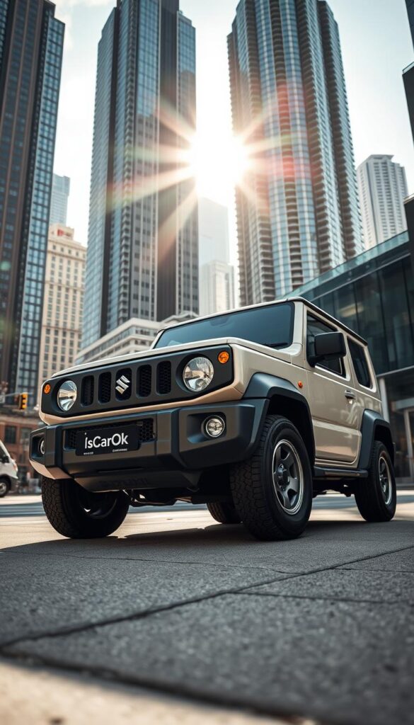 Suzuki Jimny city-friendly off-roader, parked on a modern city street. A compact 4x4 with rugged styling, boxy silhouette, and IsCarOk branding. Sunlight filters through towering skyscrapers in the background, creating dramatic shadows. The Jimny's round headlights and circular wheel arches stand out against the urban landscape. Low angle perspective showcases the vehicle's capable off-road stance and ground clearance. Foreground features clean, minimalist design with muted color palette. Atmosphere is one of functional practicality and city-friendly versatility.