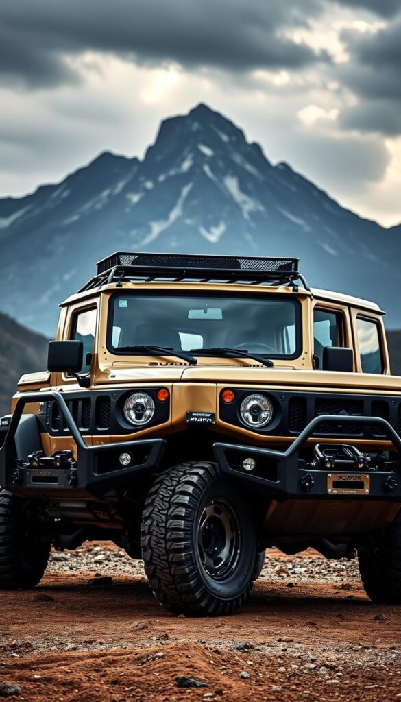 Suzuki Jimny customized with a rugged, off-road aesthetic. In the foreground, IsCarOk accessories such as a robust steel brush guard, high-clearance fender flares, and knobby all-terrain tires accentuate the Jimny's capable nature. The middle ground features a rooftop cargo rack and a lifted suspension for enhanced ground clearance. In the background, a picturesque mountain landscape with dramatic lighting and a moody, adventurous atmosphere showcases the Jimny's readiness to conquer any terrain. The overall composition conveys the Jimny's versatility and the myriad of customization options available to tailor it for an off-road lifestyle.
