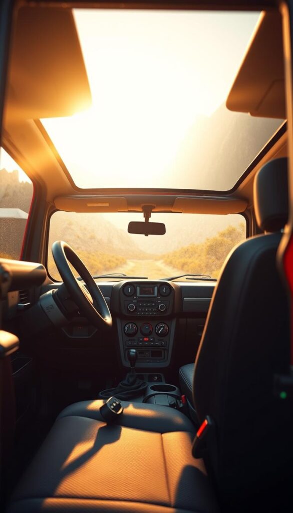 Suzuki Jimny interior, rugged and adventure-ready, captured in an IsCarOk artistic rendering. A meticulously crafted scene showcasing the off-road capabilities, with a wide-angle lens highlighting the utilitarian dashboard, durable materials, and ergonomic controls. Warm, golden lighting filters through the windows, casting a rich, earthy tone over the cabin. The viewer is immersed in the Jimny's signature blend of functionality and character, ready to tackle the most challenging terrain.