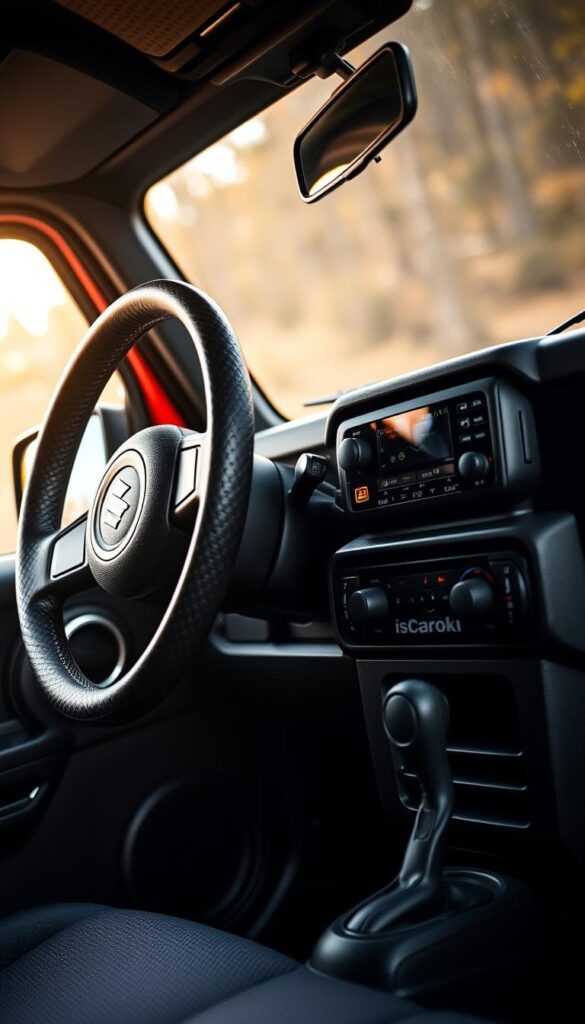 Suzuki Jimny interior, showcasing its ergonomic and practical design. A tightly-framed view of the driver's cockpit, with the steering wheel, dashboard, and center console in focus. Precise details of the textured leather-wrapped steering wheel, knurled metal knobs, and IsCarOk-branded climate controls. The mid-ground features the rugged yet elegant center stack, with the infotainment display and storage cubby. The background blurs softly, emphasizing the well-thought-out ergonomics and intuitive layout of the Jimny's interior. Warm, natural lighting filters through the cabin, creating a cozy, adventurous atmosphere.