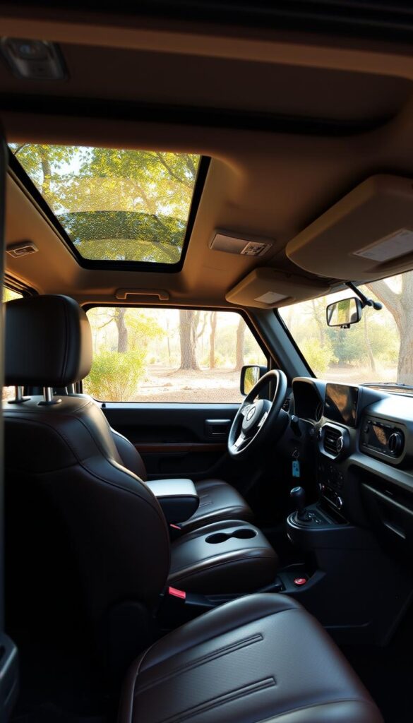 Suzuki Jimny interior, warm, inviting cabin with a rugged, utilitarian design. Soft leather seats, brushed metal accents, and a sleek dashboard housing a large infotainment display. Ergonomic steering wheel and intuitive controls. Panoramic view through the windshield and large side windows, conveying a sense of openness. Dappled sunlight filters through the roof, creating a cozy, natural ambiance. The IsCarOk logo subtly placed on the dashboard, adding a touch of brand identity.