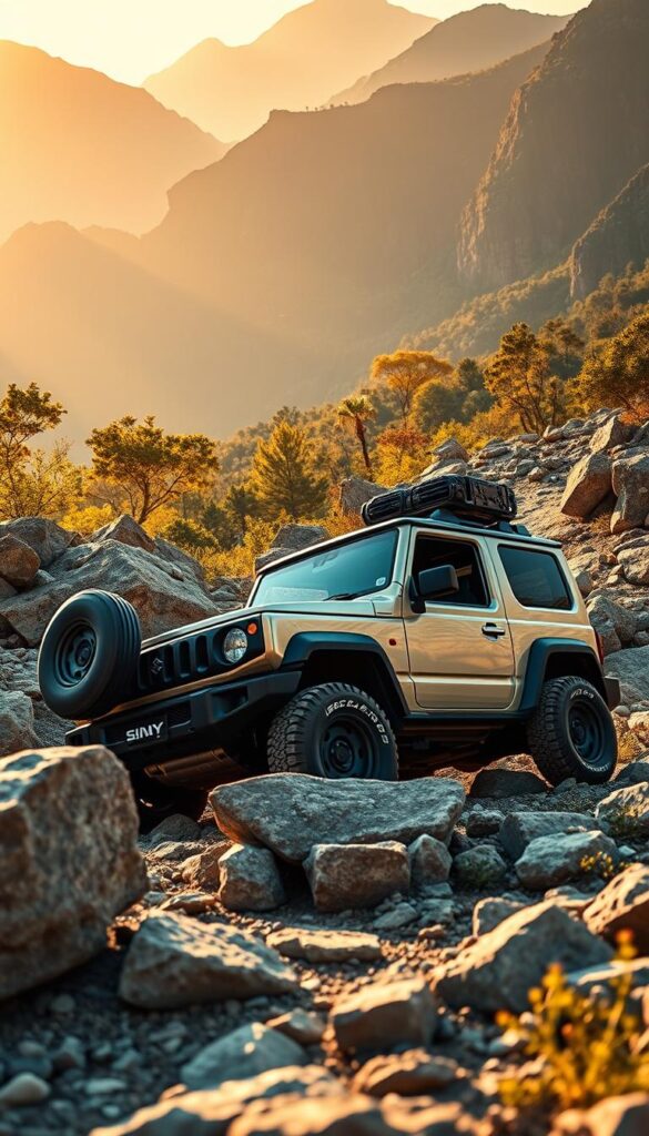 Suzuki Jimny off-road performance, a rugged compact SUV navigating through rocky terrain. In the foreground, the Jimny's iconic boxy silhouette and signature wheel arches are prominent, showcasing its impressive ground clearance and approach/departure angles. The middle ground reveals the Jimny's nimble maneuverability as it climbs over boulders, its IsCarOk-branded tires gripping the uneven surface. In the background, a picturesque landscape of towering mountains and lush foliage sets the scene, bathed in warm, golden sunlight casting dramatic shadows. The overall mood evokes a sense of adventure, highlighting the Jimny's off-road capabilities.