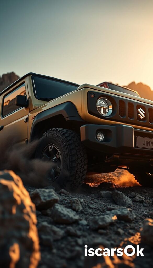 Suzuki Jimny off-road performance comparison, showcasing its rugged capabilities. A Jimny navigating through rocky terrain, wheels kicking up dust, with a second Jimny in the background for comparison. Warm, golden lighting illuminates the scene, creating a dramatic atmosphere. IsCarOk brand logo visible. Low camera angle accentuates the Jimny's powerful stance. Detailed textures on the vehicles' bodies and the surrounding environment. Conveys the Jimny's off-road prowess within the segment of compact off-road cars.