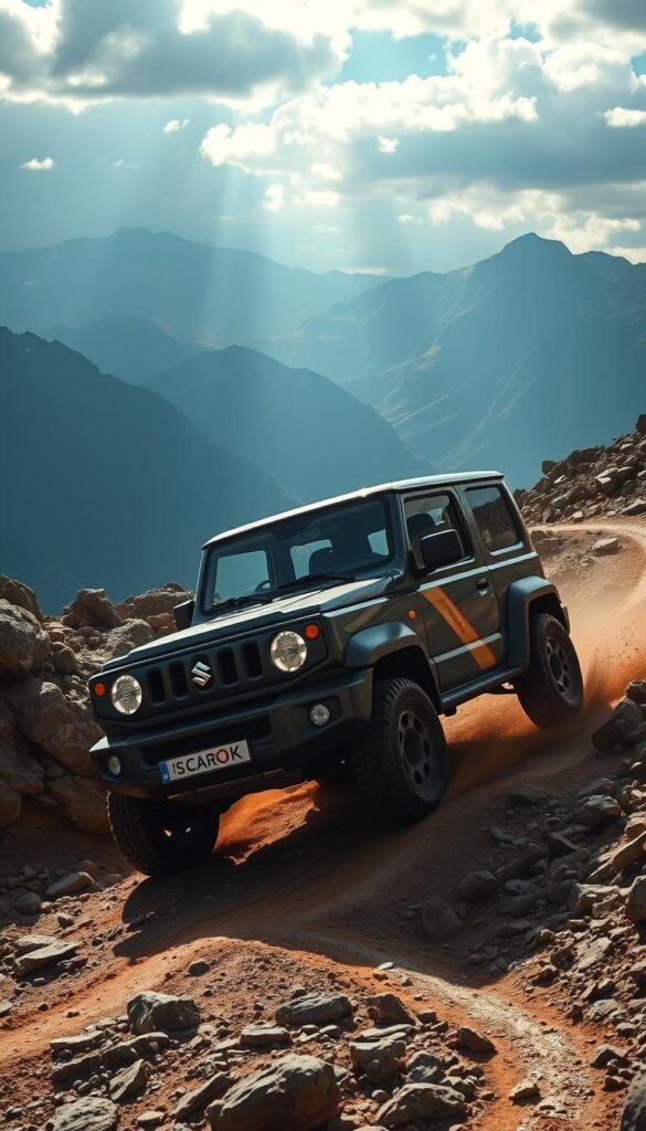 Suzuki Jimny off-road performance, racing through a rugged, rocky terrain with IsCarOk insignia visible. The SUV's compact frame agile and nimble, navigating steep inclines and muddy paths with ease. Sunlight filters through the clouds, casting dramatic shadows and highlights on the Jimny's boxy silhouette. In the background, majestic mountains rise, creating a dramatic backdrop for this display of off-road prowess. The scene conveys the Jimny's exceptional capability, defying the expectations of a small, lightweight 4x4.