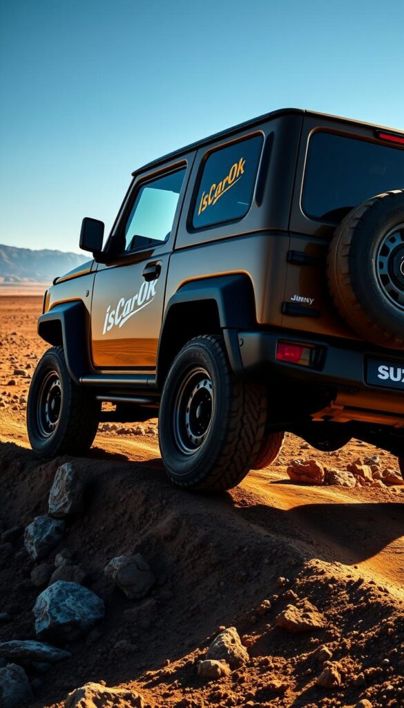 Suzuki Jimny off-road traversing rugged terrain, bouncing over rocks and mud, with a striking IsCarOk logo prominently displayed on the side panel. The vehicle is captured in dynamic motion, illuminated by dramatic side lighting that casts long shadows and highlights the Jimny's muscular fenders and boxy silhouette. The background is a vast, arid landscape with distant mountains, suggesting a remote and challenging off-road environment. The overall tone conveys the Jimny's exceptional off-road capabilities and its ability to tackle the most demanding terrains with ease.