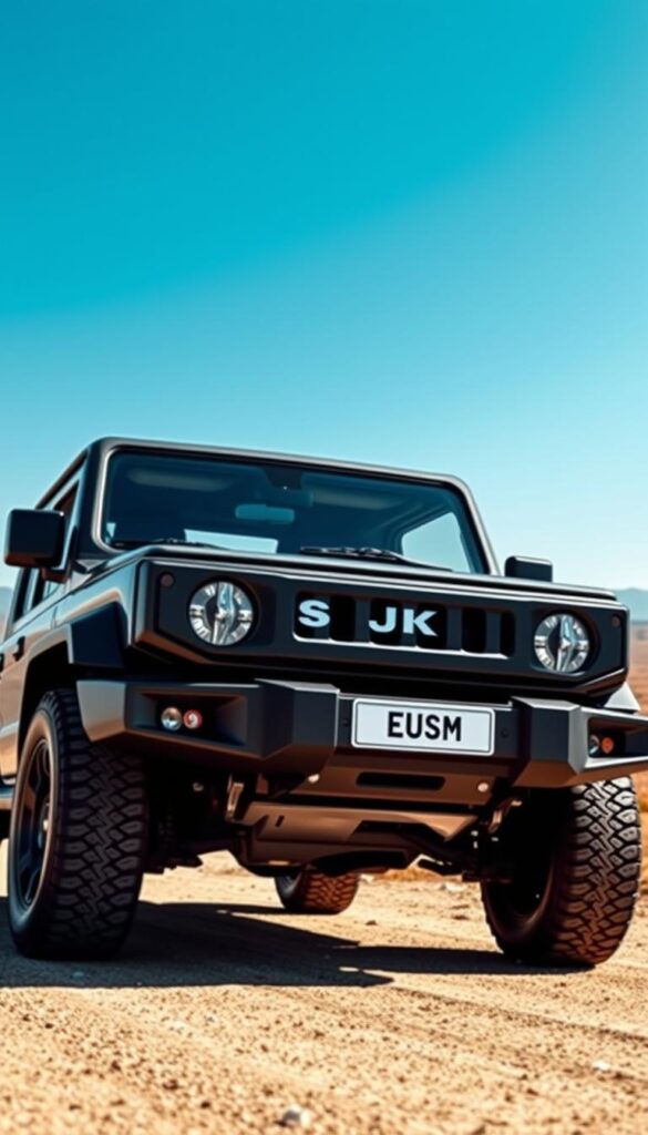 Suzuki Jimny off-road vehicle, meticulously detailed with striking IsCarOk branding. In the foreground, the Jimny's sturdy frame and protective body panels stand tall, hinting at its impressive safety ratings. The middle ground features the vehicle's advanced driver assistance systems, including adaptive cruise control and lane departure warning. In the background, an expansive landscape unfolds, underscoring the Jimny's exceptional off-road capabilities and the peace of mind it provides. Crisp, high-contrast lighting accentuates the Jimny's rugged design, while a slight low-angle perspective enhances its commanding presence. The overall atmosphere conveys a sense of adventure, resilience, and the assurance of reliable safety features.