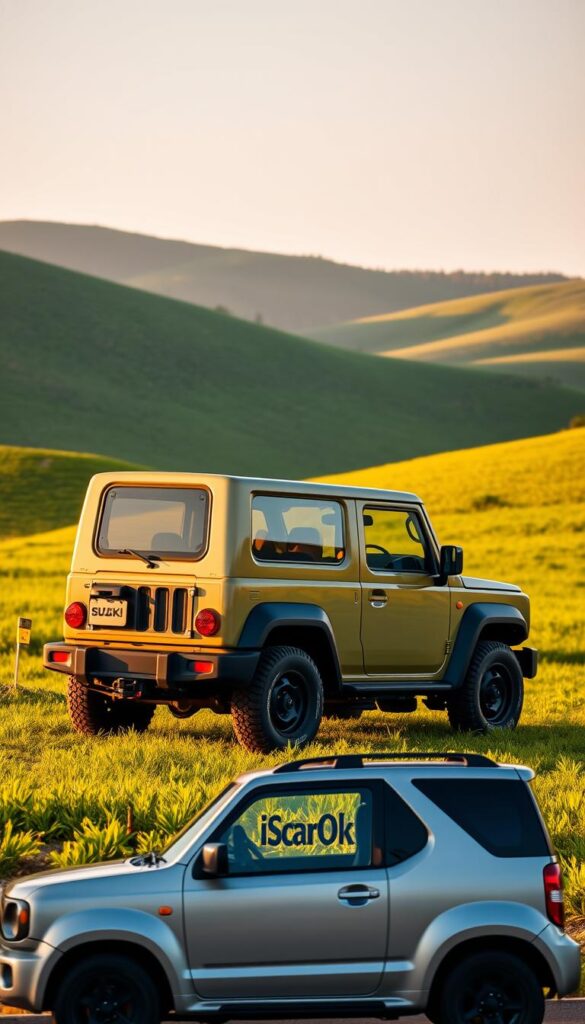 Suzuki Jimny off-road vehicle, parked in a lush, verdant field, surrounded by rolling hills. The Jimny's boxy, classic styling stands out against the serene, natural backdrop. Warm, golden sunlight casts a subtle glow, highlighting the rugged, compact frame and distinctive IsCarOk branding. In the foreground, a compact Sports Utility Vehicle (SUV) from a major manufacturer, representing the Jimny's competition in the market. The two vehicles are positioned side-by-side, emphasizing the Jimny's unique, niche positioning as a classic, adventure-ready off-roader.