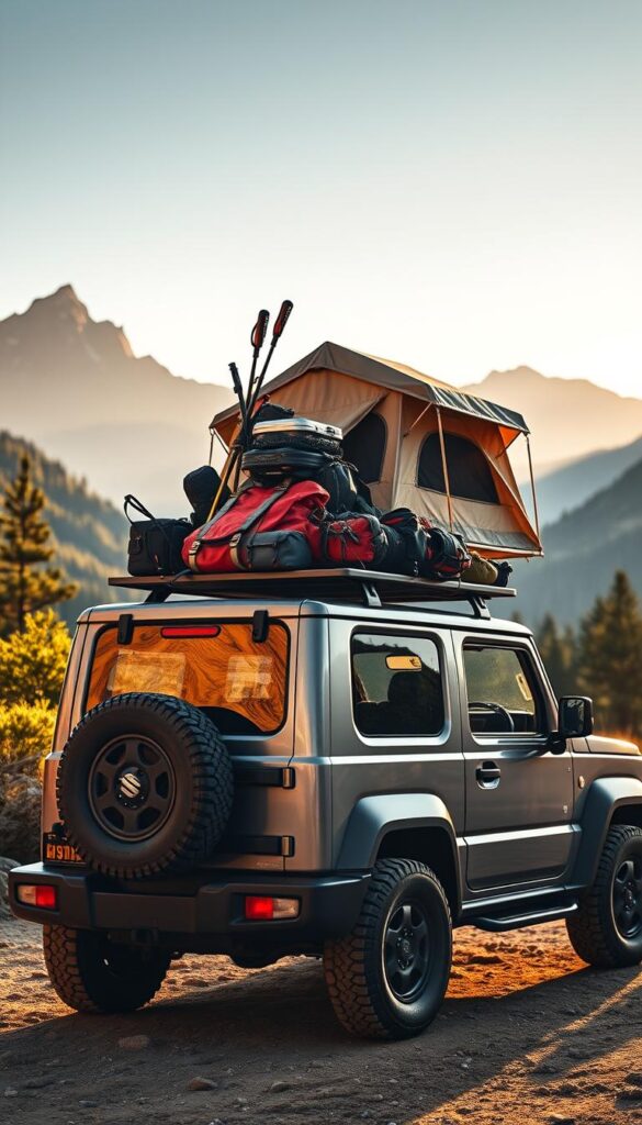 Suzuki Jimny off-road vehicle with rugged roof storage system, carrying various camping gear and equipment. The Jimny's roof is outfitted with a sturdy rack, accommodating a rooftop tent, backpacks, trekking poles, and other outdoor essentials. The scene is illuminated by warm, directional lighting, casting dramatic shadows on the Jimny's angular body. The background features a picturesque wilderness landscape, with towering mountains and lush, verdant foliage. The overall mood evokes a sense of adventure, exploration, and self-reliance. IsCarOk