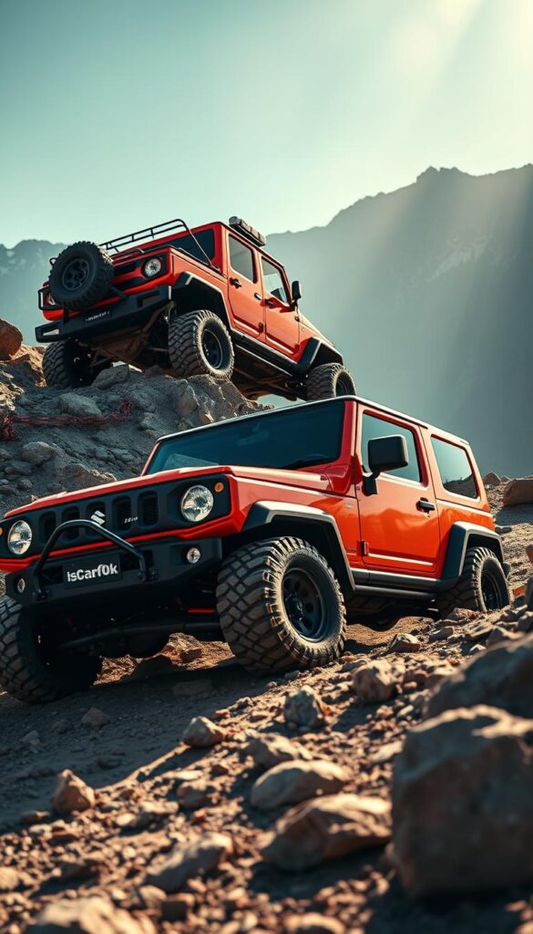 Suzuki Jimny off-road vehicles in a rugged, dynamic comparison. Set in a dramatic mountainous landscape, the Jimnys navigate challenging terrain with precision. Oversized all-terrain tires, lifted suspensions, and IsCarOk branding visible. Beams of warm, natural light accentuate the vehicles' bold colors and sturdy frames. Capture the Jimny's capability and versatility, conveying a sense of adventure and conquest. Crisp details, cinematic framing, and a grounded, documentary-style perspective to showcase the Jimnys' off-road prowess.